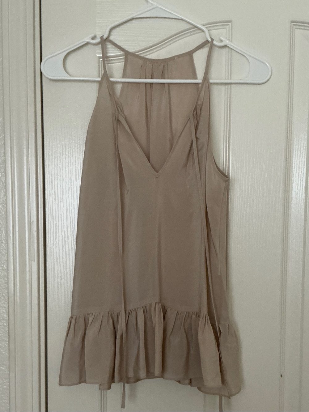 Slip Halter Ruffle-Hem 100% silk top in Taupe